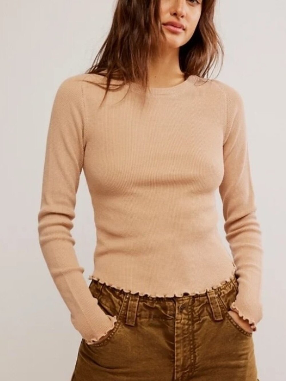 We The Free People Easy Does It Tee Thermal Long Sleeve Top Cuban Sand Sz Small